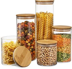 Canister Set of 5, Glass Kitchen Canisters with Airtight Bamboo Lid, Glass Storage Jars for Kitchen, Bathroom and Pantry Organization Ideal for Flour, Sugar, Coffee, Cookie Jar, Candy, Snack and More