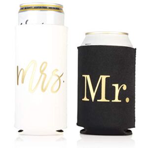 Couples Can Cooler Set for Newlyweds – Engaged – Wedding – Honeymoon Gold Foil Print (Mr Standard and Mrs Slim)
