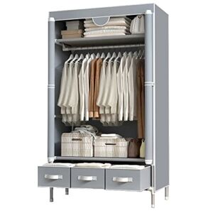 ASSICA Portable Clothes Closet Rolling Door Wardrobe with Hanging Rack Non-Woven Fabric Storage Organizer with Three Drawer Boxes No-Tool Assembly – 35.4 x 17.7 x 67.0 ‘’ (Gray)