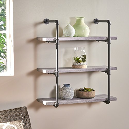 Christopher Knight Home Caden Industrial Three Tier Faux Wood Wall-Mounted Shelf, Finish, Light Gray + Texture Black | The Storepaperoomates Retail Market - Fast Affordable Shopping