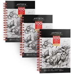 Arteza Sketchbooks, Pack of 3, 5.5×8.5 Inches, 100 Sheets Each, Spiral-Bound 68-lb Drawing Paper, Art Supplies for Colored and Graphite Pencils, Charcoal, & Soft Pastel