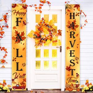 Welcome Fall Harvest Decoration Porch Sign Banner Happy Fall Y’all Autumn Door Sign Pumpkin Maple Leaf for Fall Party Thanksgiving Decoration Garden Yard (Orange Happy Fall Y’all)