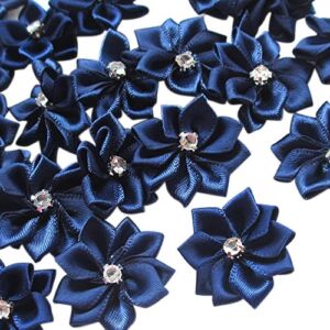 Chenkou Craft Navy 40pcs 28mm(1 1/8″) Ribbon Flowers Bows Rhinestone Wedding Ornament Appliques