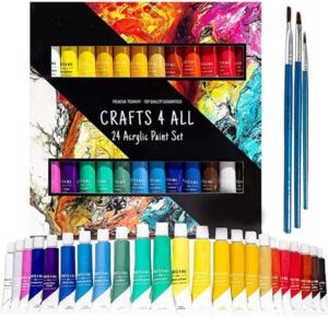 Crafts 4 All Acrylic Paint Set for Adults and Kids – 24-Pack of 12mL Paints for Canvas, Wood & Ceramic w/ 3 Art Brushes – Non-Toxic Craft Paint Sets – Stocking Stuffers for Girls and Boys