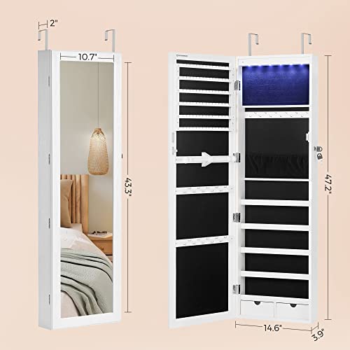 SONGMICS 6 LEDs Mirror Jewelry Cabinet, Christmas Gifts, 47.2″H Lockable Wall/Door Mounted Jewelry Armoire Organizer with Mirror, 2 Drawers, White UJJC93W | The Storepaperoomates Retail Market - Fast Affordable Shopping