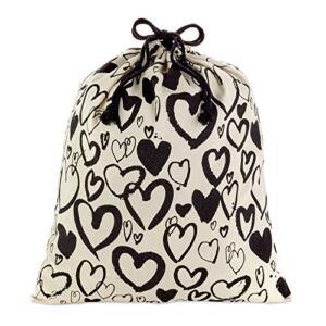 Hallmark 19″ Large Canvas Bag with Drawstring (Ivory with Black Hearts) for Valentines Day, Weddings, Bridal Showers, Anniversary and More