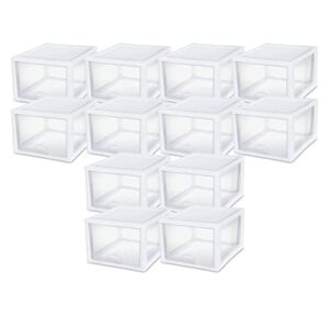 Sterilite 27 Quart Modular Stacking Storage Drawer Home Organization Container with Clear Side Panels and White Frame,12 Pack