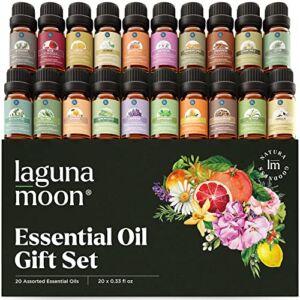 Essential Oils Set – Top 20 Organic Gift Set Oils for Diffusers, Humidifiers, Massages, Aromatherapy, Candle Making, Skin & Hair Care – Peppermint, Tea Tree, Lavender, Eucalyptus, Lemongrass (10mL)