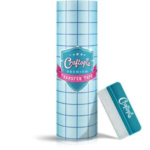 Craftopia transfer paper tape roll 12 inch x 25 feet clear with blue alignment grid, 8 bonus feet perfect for cricut cameo self adhesive vinyl for signs stickers decals walls doors windows