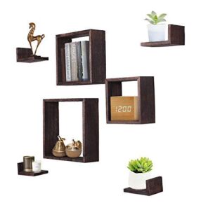 Comfify Rustic Wall Mounted Square Shaped Floating Shelves – Set of 7 – 3 Square Shelves and 4 L-Shaped Rustic Shelves – Screws and Anchors Included – Rustic Wall Décor – Torched Brown