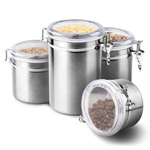 ENLOY 4-Piece Stainless Steel Airtight Food Storage Canister Set with Clear Lid, Canister Sets for Kitchen Counter for Sugar, Flour, Tea, Candy, Cookie, Spice, 28/32/38/65 oz
