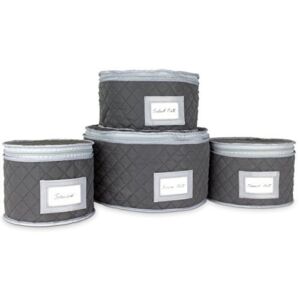 Fine China Storage – Set of 4 Quilted Cases for Dinnerware Storage. Sizes: 12″ – 10″ – 8.5″ and 7″ Long – Gray – Quilted Fabric Container with 48 Felt Plate Separators Included