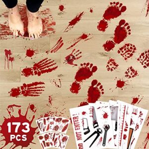 173PCS Halloween Bloody Footprints Floor Clings Plus Tattoos – Hallowmas Handprint Zombie Restroom Sign Decals Party Decorations