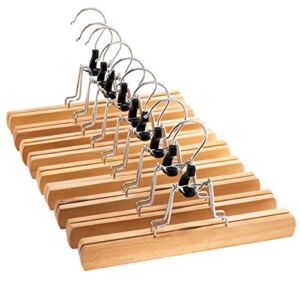 High-Grade Wooden Pants Hangers with Clips 10 Pack Non Slip Skirt Hangers, Smooth Finish Solid Wood Jeans/Slack Hanger with 360° Swivel Hook – Pants Clip Hangers for Skirts, Slacks – Clamp Hangers
