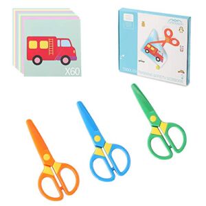 3PCS Kids Plastic Toddler Scissors – Safety Scissors Training Kids Scissors Preschool Training Scissors & Craft Scissors (3 Pieces) Kids Paper Cuts (60 Sheets)