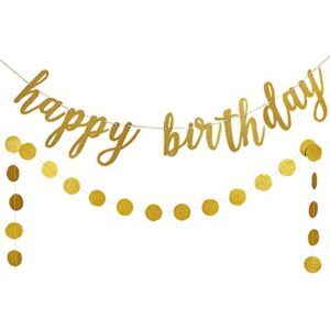 Gold Birthday Decorations, Gold Glitter Happy Birthday Banner and Gold Glitter Circle Dots Garland for Birthday Party Decorations