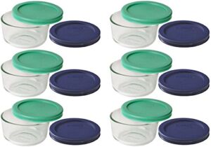 Pyrex Storage 1 Cup Round Dish, Clear with Green + Blue Lids, Pack of 6, with Green & Blue