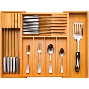Utensil Organizer for Kitchen Drawers – Bamboo Silverware Organizer – Expandable Utensil Holder and Cutlery Tray with Divider and Removable Knife Block | 17” Long, Adjustable from 13” to 22.2”