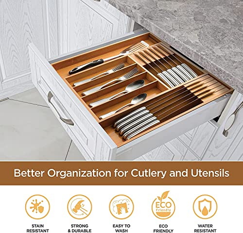 Utensil Organizer for Kitchen Drawers – Bamboo Silverware Organizer – Expandable Utensil Holder and Cutlery Tray with Divider and Removable Knife Block | 17” Long, Adjustable from 13” to 22.2” | The Storepaperoomates Retail Market - Fast Affordable Shopping