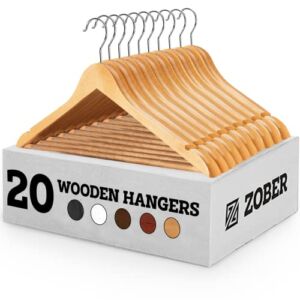 ZOBER High-Grade Wooden Suit Hangers – Smooth Finish Solid Wood Coat Hanger with Non Slip Pants Bar, 360° Swivel Hook and Precisely Cut Notches for Camisole, Jacket, Pant, Dress Clothes Hangers