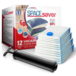 12 Pack – Spacesaver Premium Vacuum Storage Bags. 80% More Storage! Hand-Pump for Travel! Double-Zip Seal and Triple Seal Valve! Vacuum Sealer Bags for Comforters, Blankets, Bedding, Clothing! (3 Small, 3 Medium, 3 Large, 3 Jumbo)