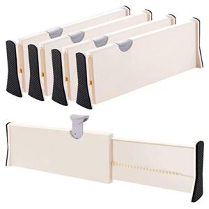 Drawer Dividers Organizer 4 Pack, Adjustable Separators 4″ High Expandable from 11-17″ for Bedroom, Bathroom, Closet,Clothing, Office, Kitchen Storage, Strong Secure Hold, Foam Ends, Locks in Place