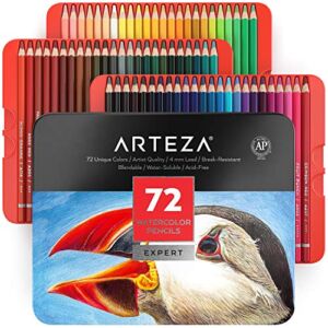 ARTEZA Watercolor Colored Pencils for Adult Coloring, Set of 72 Colored Pencils, Art Drawing Pencils in Bright Assorted Shades, Art Supplies for Blending, Layering, and Watercolor Techniques