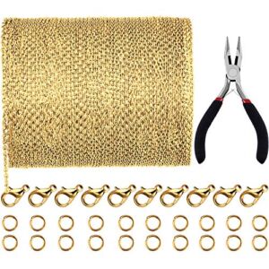 JOVITEC 39.4 Feet 2 mm Link Ball Chains Necklace Chain Necklace Jewelry Plier with 30 Pieces Lobster Clasps and 100 Pieces Jump Rings for Jewelry Accessories DIY (Gold)
