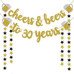 30th Birthday Decorations for Him / Her – 30th Birthday Gifts – Cheers & Beers to 30 Years Gold Glitter Banner – 30th Anniversary Decorations for Party, 30th Wedding Party Supplies for Men / Women