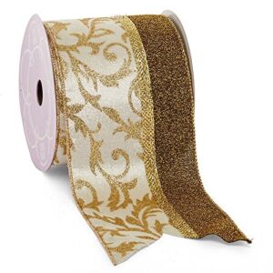 4″ X 10 Yards White/Gold Florence Christmas Wide Gold Backed Wired Ribbon