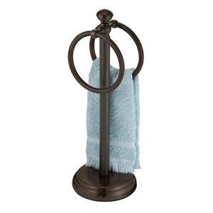 mDesign Steel Towel Rack Holder Stand with 2 Hanging Rings for Bathroom Vanity Countertops – Space Saving Hand Towel Holder – Hyde Collection – Bronze