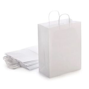 White Kraft Paper Bags with Handles Bulk – Packs in 100 | 50 | 25 | 400 Bags – Gift Bags Medium Size for Paper Shopping Bags, Party Bags, and Bags for Small Business (8″x4.75″x10″ – White Gift Bags Bulk Medium Size 100 Bags)