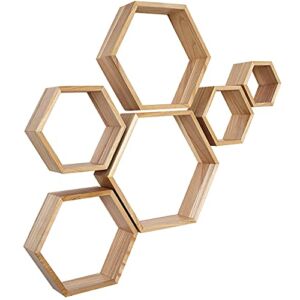 Honeycomb Floating Shelves, Set of 6, Natural Light Colour Wood, Hexagon Wall Mount Decor for Living/Dining Room, Bedroom/Kitchen/Bathroom or Home/Office, Screws and Installation Manual Included