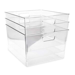 Isaac Jacobs 3-Pack XL Clear Storage Bins with Handles, Plastic Organizer for Office, Home, Kitchen, Pantry, Closet, Kids Room, Cube Shelf, Non-Slip Container Set (3-Pack, Extra-Large)