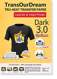 TransOurDream Iron on Heat Transfer Paper for Dark T Shirts (20 Sheets 8.5×11″, Dark 3.0) Printable HTV Heat Transfer Vinyl for Inkjet & Laserjet Printer Iron On transfers for T Shirts (TRANS-D3-20)