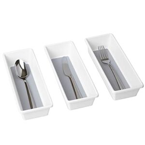 Smart Design Plastic Drawer Organizer – Set of 3 – 9.75 x 3.75 Inch – Non-Slip Lining and Feet – BPA Free – Utensils, Flatware, Office, Personal Care, or Makeup Storage – Kitchen – White with Gray