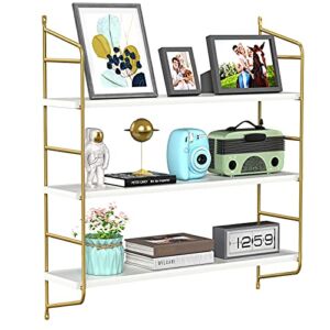 AMADA HOMEFURNISHING Floating Shelves, Wall Shelves 3 Boards Adjustable, White and Gold Shelf for Living Room, Bedroom, Bathroom, Kitchen – AMFS15
