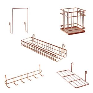 JOVONE Wall Grid Panel Basket,Display Shelf,Pen Holder,Hooks Rack,Bookshelf,Wall Organizer for Home Supplies,Set of 5 (Rose Gold)