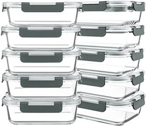 KOMUEE 10 Packs 30 oz Glass Meal Prep Containers,Glass Food Storage Containers with Lids,Airtight Glass Lunch Bento Boxes,BPA Free,Microwave, Oven, Freezer and Dishwasher,Gray