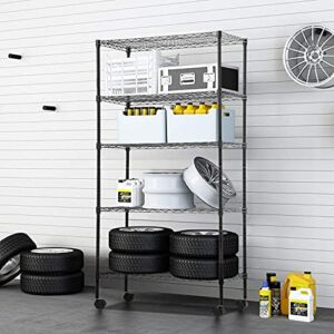 30″ L×14″ W×60″ H Wire Shelving Unit Metal Shelf with 5 Tier Casters Adjustable Layer Rack Strong Steel for Restaurant Garage Pantry Kitchen Garage，Black