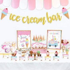 Ice Cream Bar Decorations Kit,Gold Glitter Ice Cream Bar Banner,Ice Cream Bar Sign Toppings Labels Tent Cards Cup Tag Sticker for Ice Cream Theme Party, Summer Party Supplies, Baby Shower Decorations