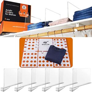 6 Pack Premium Clear Acrylic Shelf Dividers for Closet Organization W/ Clothing Folding Board Included, Shelf Dividers for Closets with Wooden Shelves, Kitchen Cabinets, Bedroom, Book Shelves