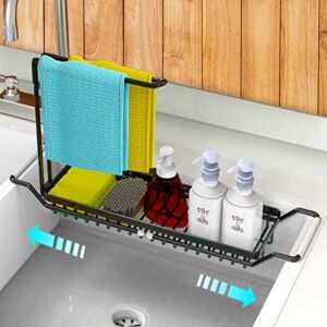 Sink Caddy, Expandable Kitchen Sink Organizer,Stainless Steel Sponge Holder for Kitchen Sink,Over Sink Kitchen Caddy with Dishcloth Towel Holder,Telescopic Sink Rack for Soap,Scrubber Brush (Black)