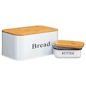 PARANTA Bread Box for Kitchen Countertop with Bamboo Cutting Board Lid & Butter Dish 2 Piece Set -Bread Metal Storage Containers Food Bin Vintage Decor, Farmhouse, Kitchen Counter Keeper White