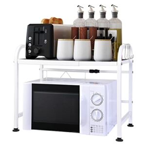 Microwave Oven Rack Shelf Stand Expandable Kitchen Storage Countertop Organizer w/ 4 Hooks Adjustable Steel 2-Tier (L16.1″~26.97″x Depth 13.58″x Usable Height14″) for Toaster Max Load 83lbs, White