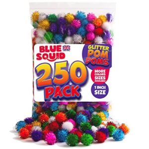 Blue Squid Glitter Craft Pom Poms – 250pcs 1 inch Pom Poms Assorted Color Pack – Blue Squid Multicolor Rainbow Fuzzy Pompom Puff Balls for Crafts