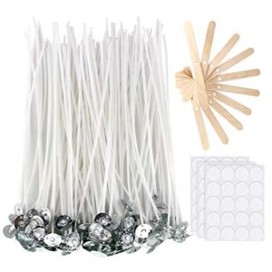Candle Wicks 100 Pcs 6 inch with 30Pcs Candle Wick Stickers and 10 Pcs Wooden Candle Wick Centering Device for Soy Beeswax Candle Making and Candle DIY