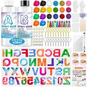 Resin Keychain Kit, Thrilez Alphabet Resin Molds Kit with Alphabet Silicone Molds, Epoxy Resin, Mica Powder, Glitter, Foil Flakes, Tassels, Keychains, Jump Rings and Pin Vis for Resin Keychain Making