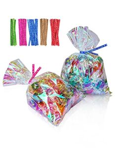 Cherodada 100 Pcs 5×7 Inch Iridescent Holographic Cellophane Party Favor Treat Bags with 5 Colors Twist Ties Good for Celebrations Baby Showers, Weddings, Birthday Party