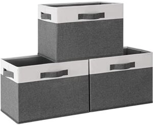 GhvyenntteS Storage Bins [3-Pack] Large Foldable Storage Baskets for Shelves, Sturdy Fabric Cube Storage Boxes with 3 Handles for Closet Nursery Cabinet Living Room (Grey, 15″ x 11″ x 9.6″)